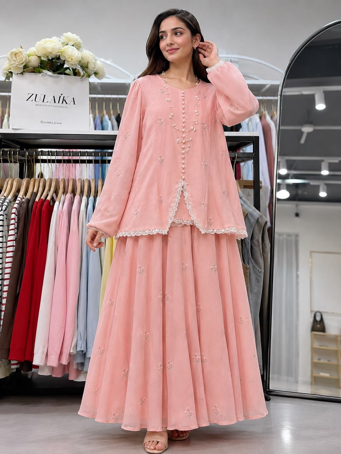 Baby Pink Floral Embroidered Lawn 2-Piece Suit (With Pearl Buttons, White Lace Trim & Flared Skirt)