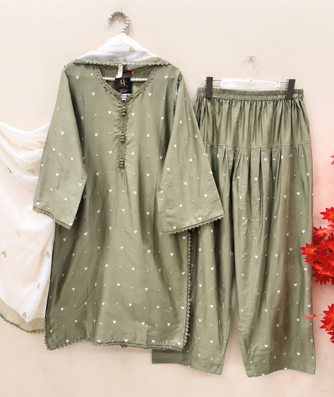 Olive Heart Motif Stitched Lawn 3-Piece Suit (With Lace Detailing & Pleated Shalwar)