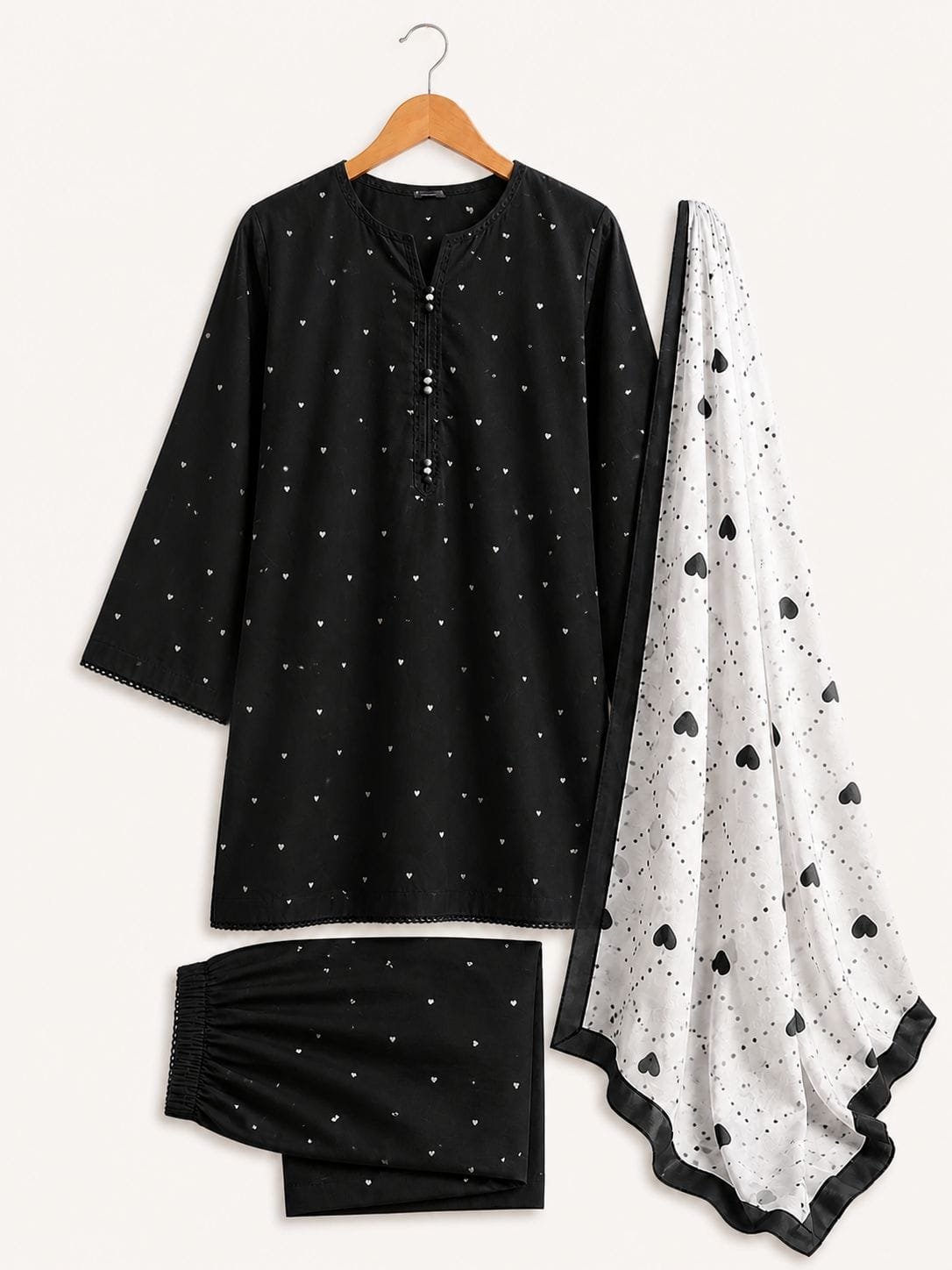 Midnight Black Heart Motif Stitched Lawn 3-Piece Suit (With Pearl Placket & Heart Dupatta)