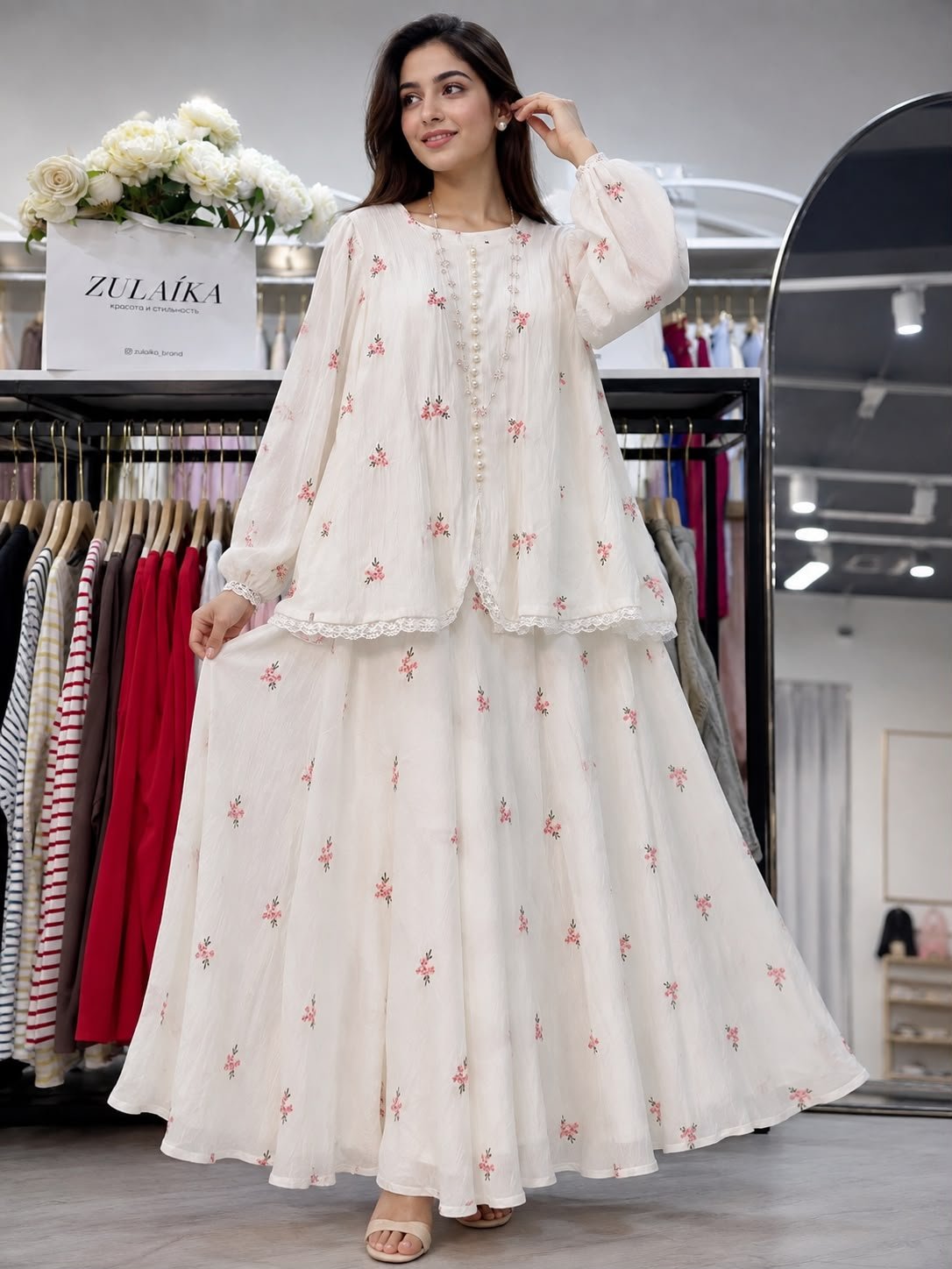 Off-White Floral Embroidered Lawn 2-Piece Suit (With Pearl Buttons, Delicate Lace Trim & Flared Skirt)