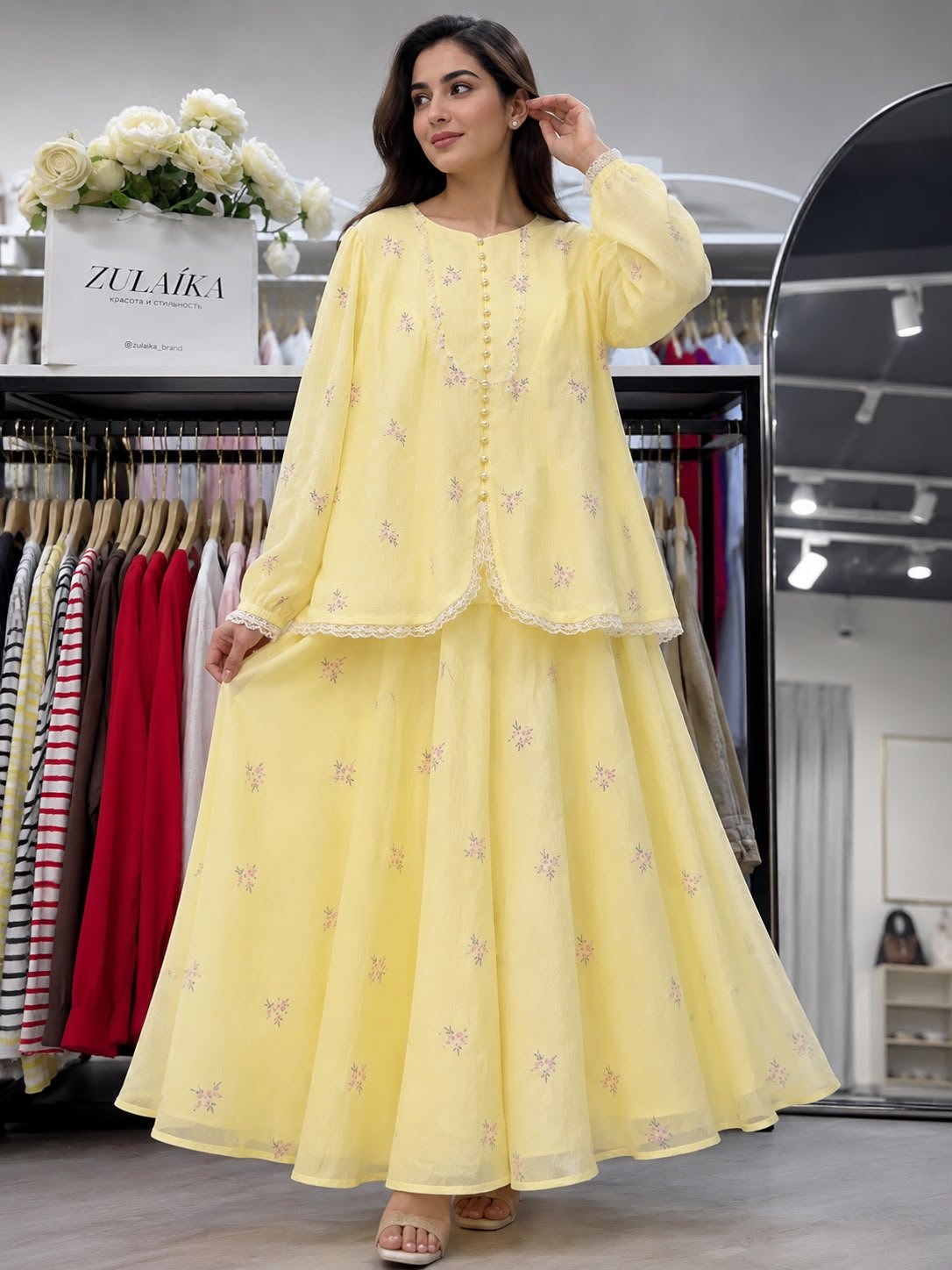Pastel Yellow Floral Embroidered Lawn 2-Piece Suit (With Button Placket, Delicate Lace Trim & Flared Skirt)